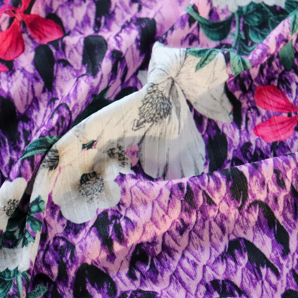 (16C) Purple Snake Floral Ribbed Fabric