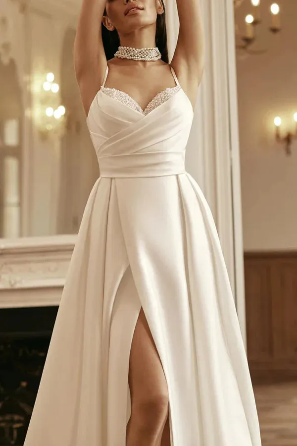 A Line thin shoulder strap pearl satin plain wedding dress