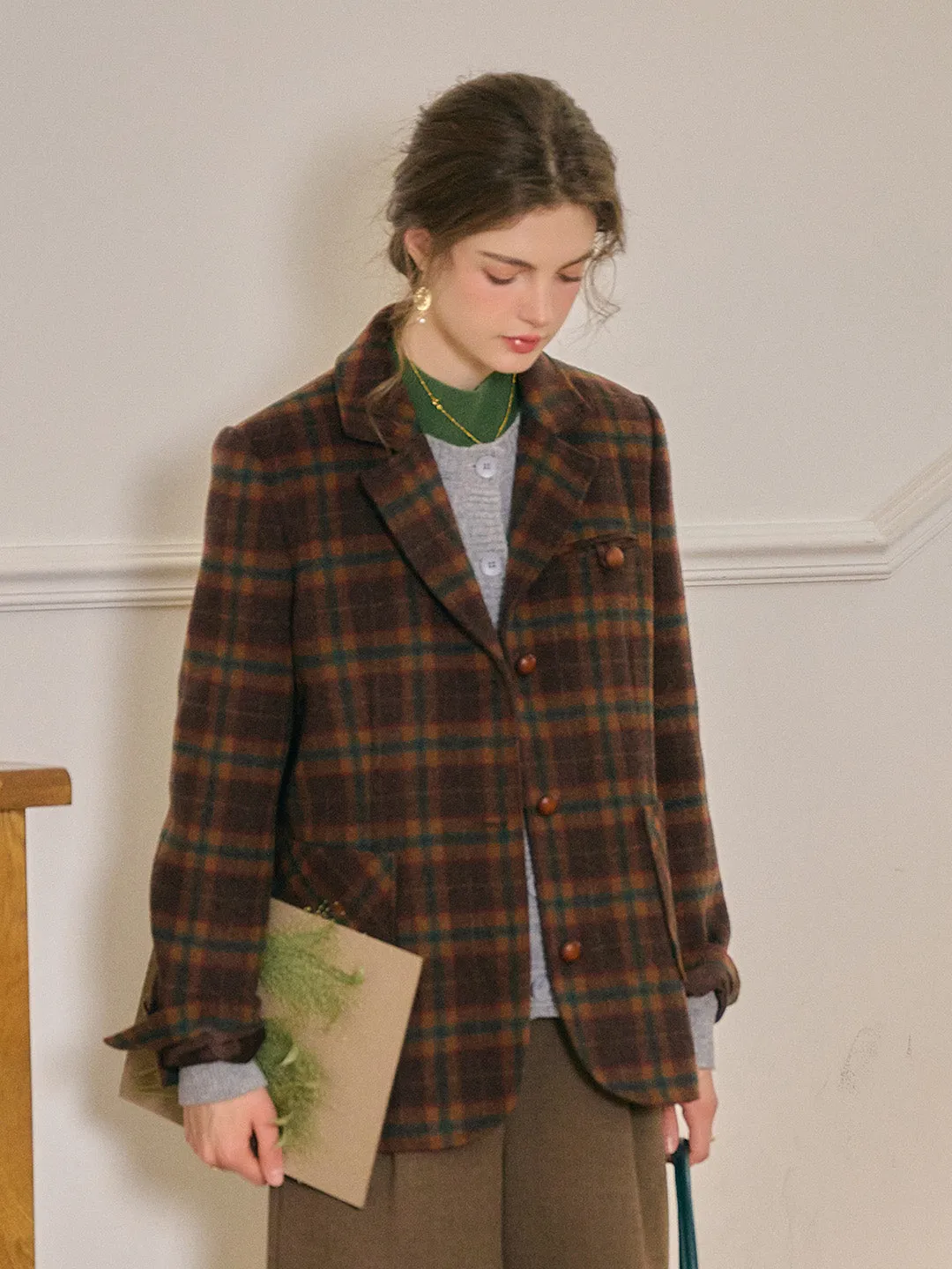 Alena Scottish Vintage Notched Lapel Plaid Pocket Wool Blazer