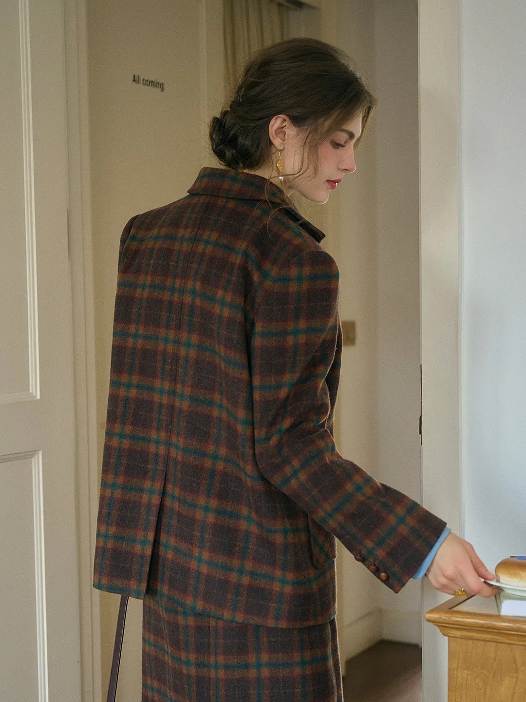 Alena Scottish Vintage Notched Lapel Plaid Pocket Wool Blazer