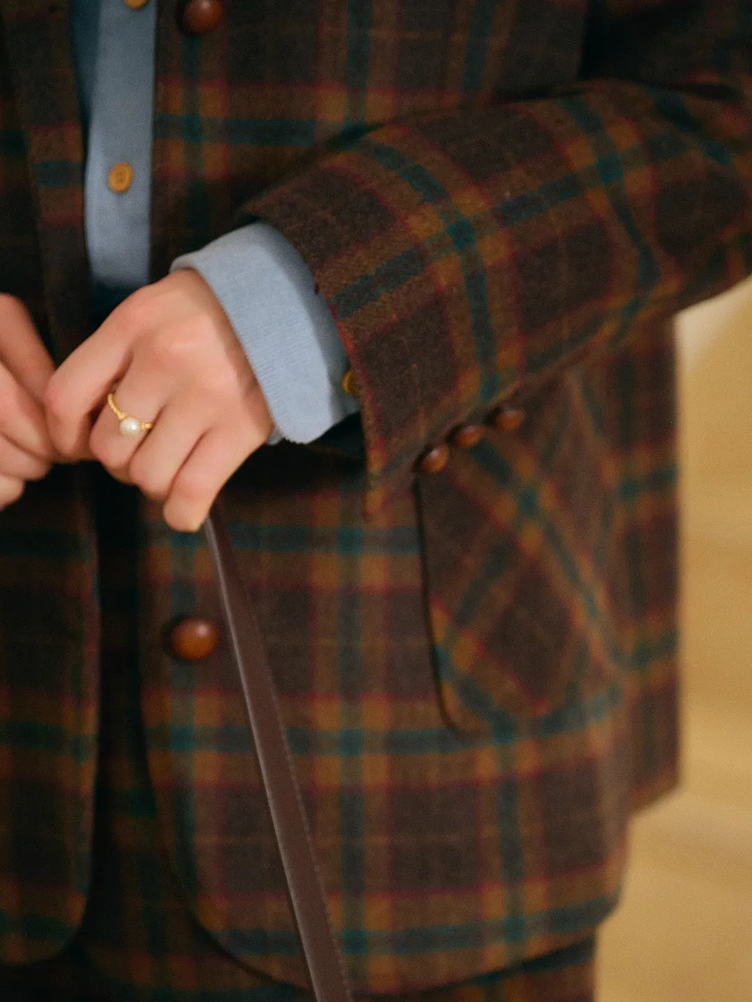 Alena Scottish Vintage Notched Lapel Plaid Pocket Wool Blazer