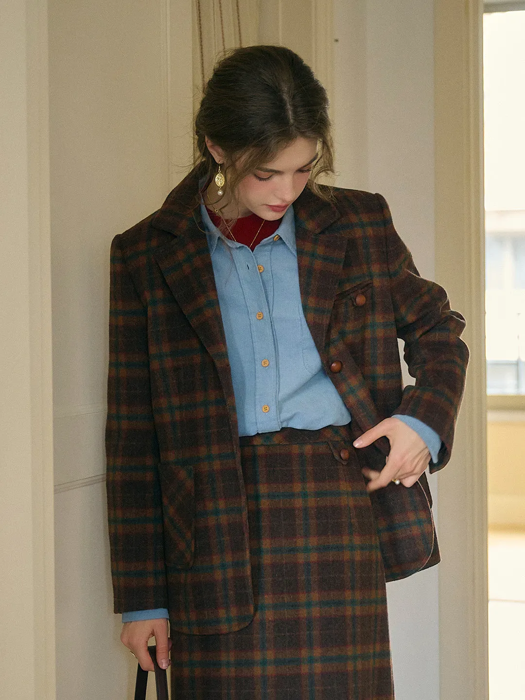 Alena Scottish Vintage Notched Lapel Plaid Pocket Wool Blazer