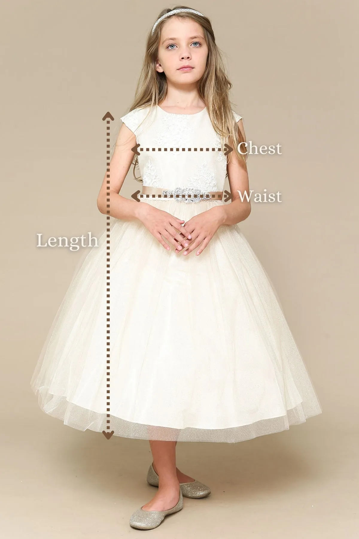 Amanda Satin & Tulle Girls Dress with Rhinestone Neckline & Flower Sash with Plus Size