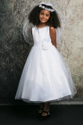 Amanda Satin & Tulle Girls Dress with Rhinestone Neckline & Flower Sash with Plus Size
