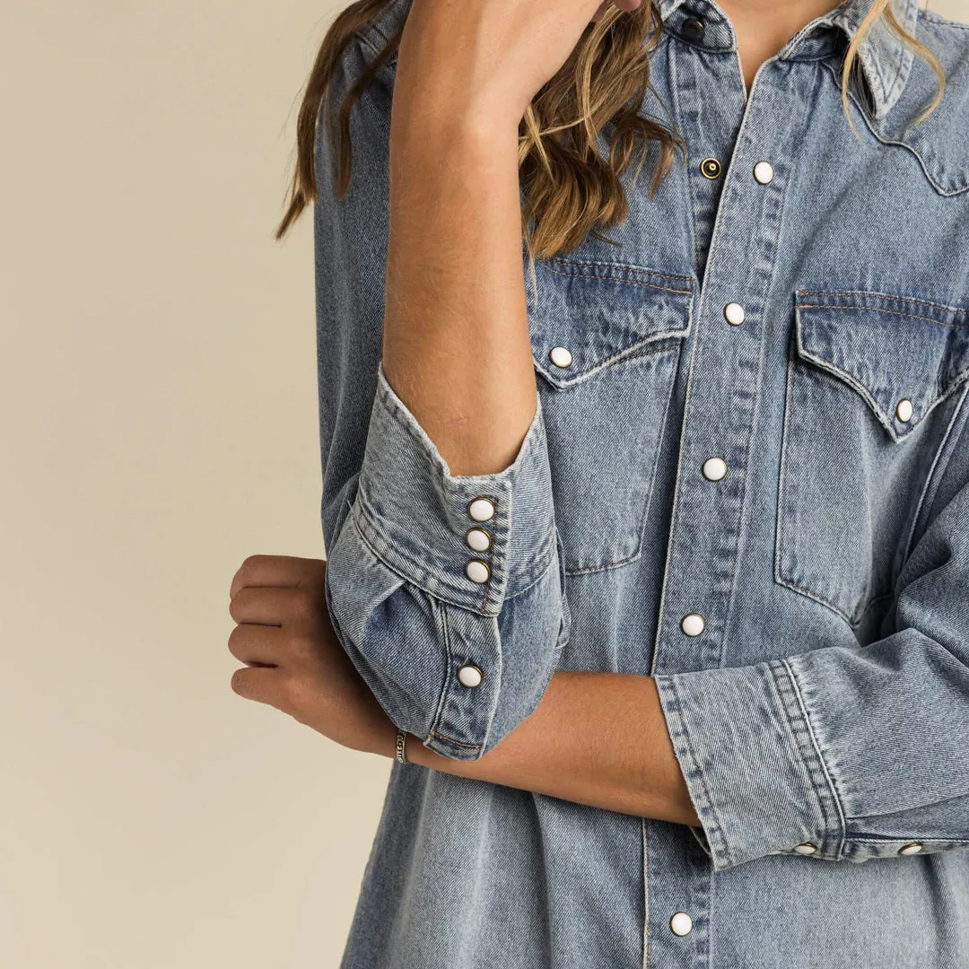Annie Pearl Snap Denim Shirt Dress for Country Girls at Bourbon Cowgirl