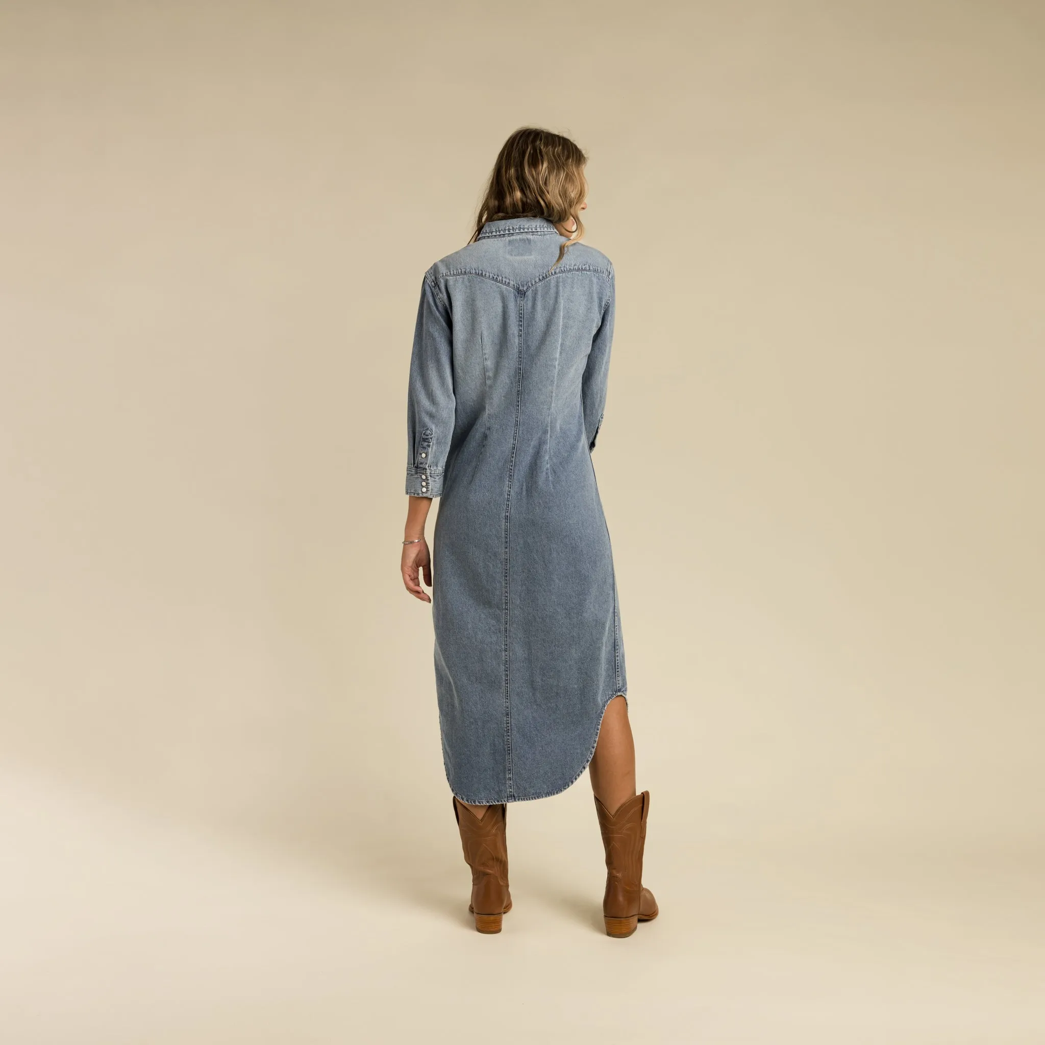 Annie Pearl Snap Denim Shirt Dress for Country Girls at Bourbon Cowgirl