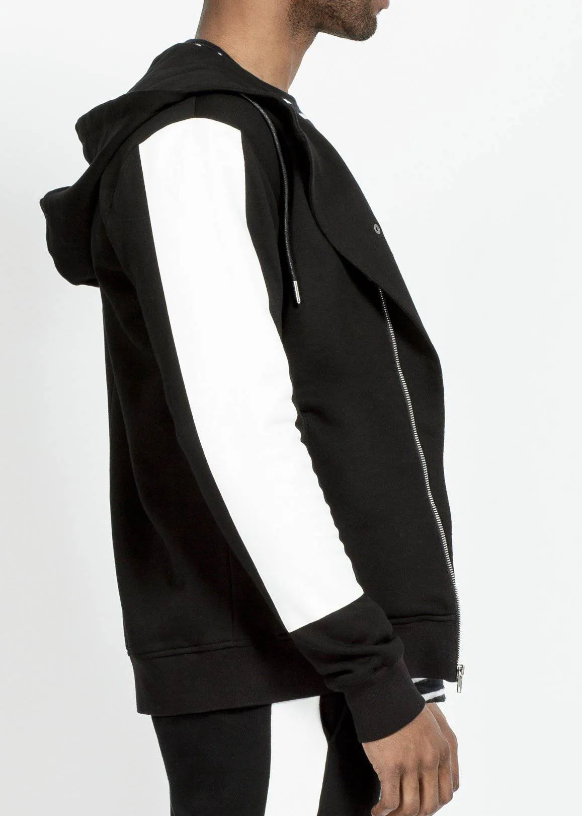 Biker Hoodie with Block Print on Sleeves in Black