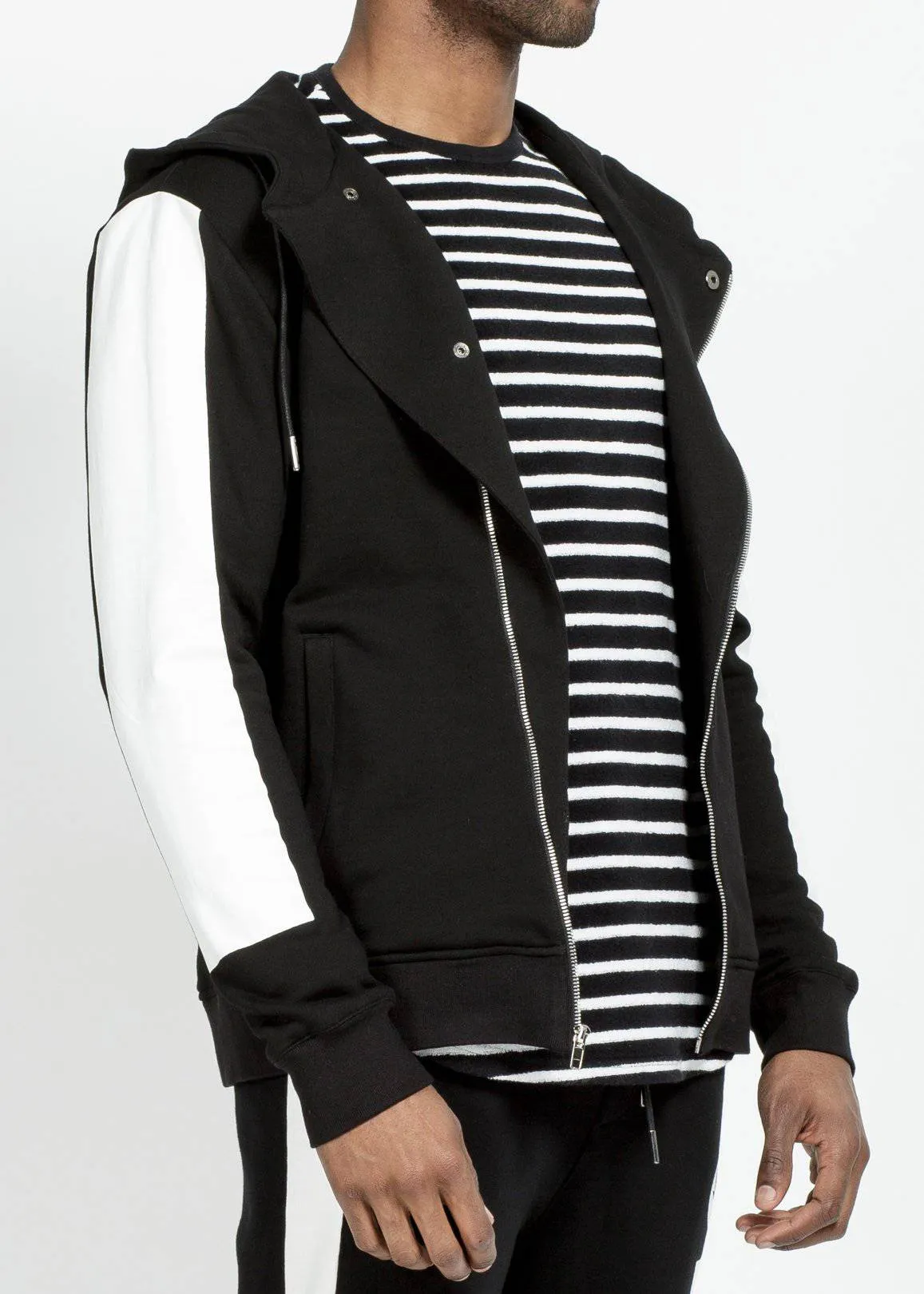 Biker Hoodie with Block Print on Sleeves in Black