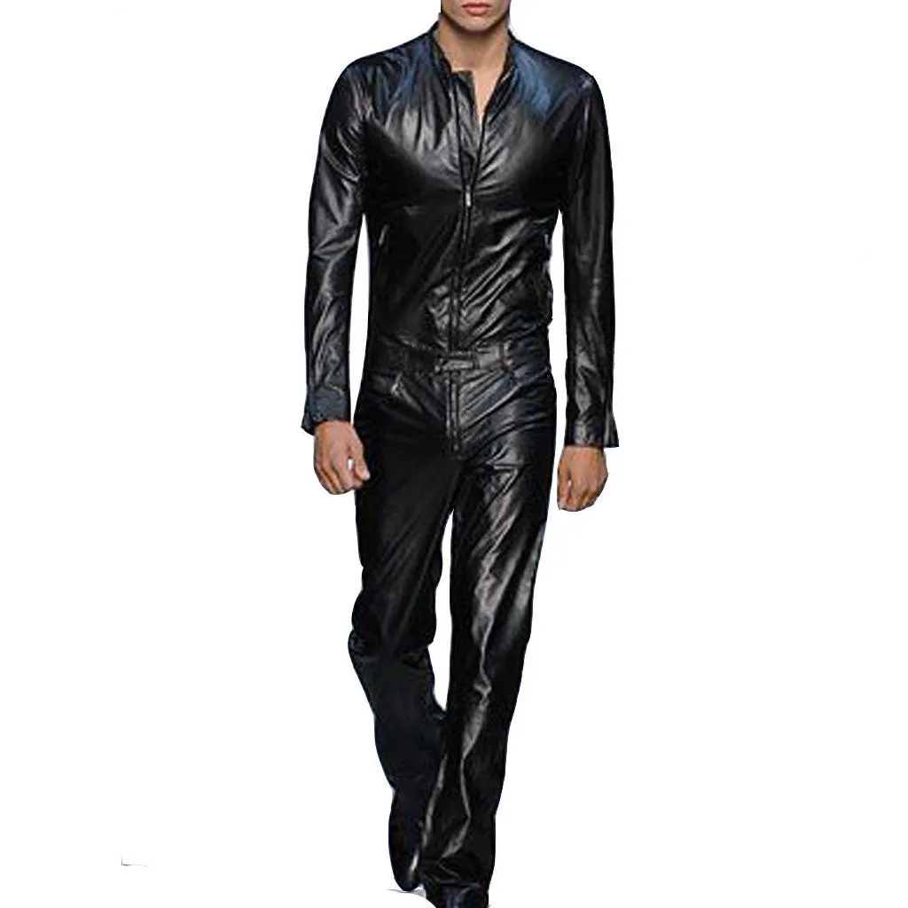 Black Men's Classic Style Leather Runaway Jumpsuit - Iconic Fashion