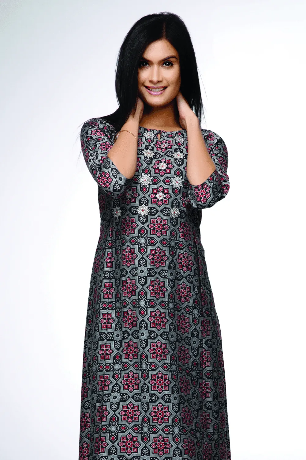 Black with Digital Print, Thread and Zari work Calf Length Kurti