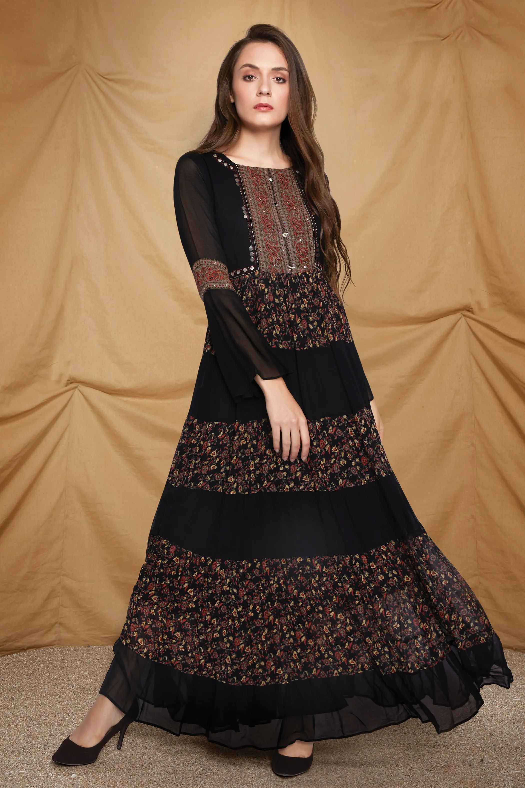 Black with Floral Print Anarkali Styled Long Kurti in Georgette