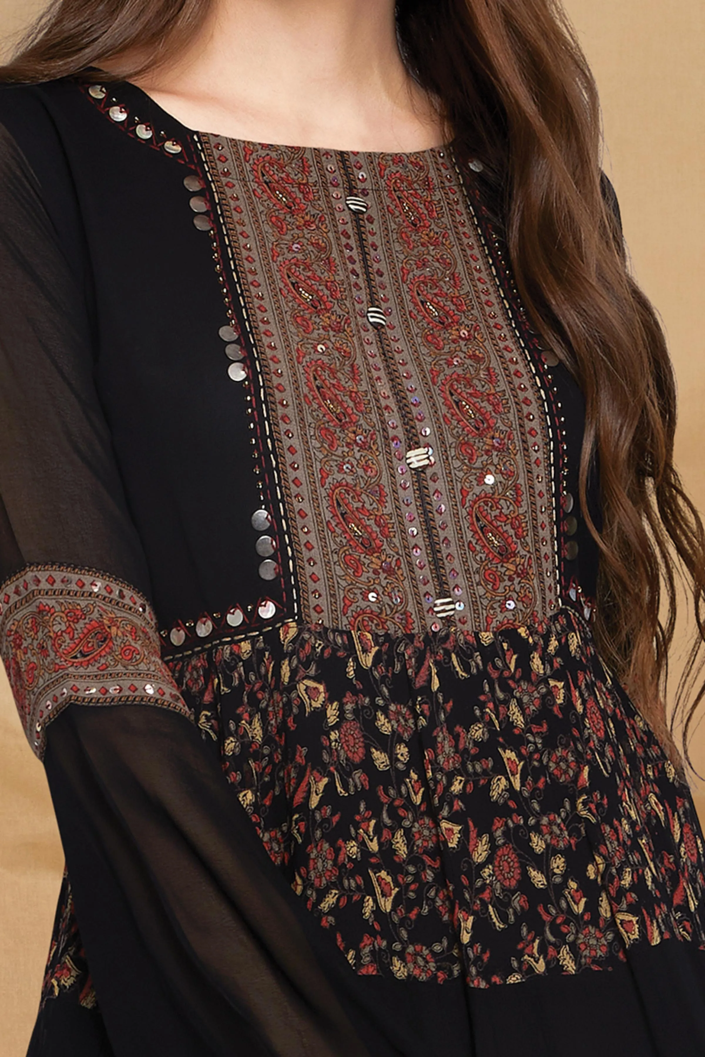 Black with Floral Print Anarkali Styled Long Kurti in Georgette