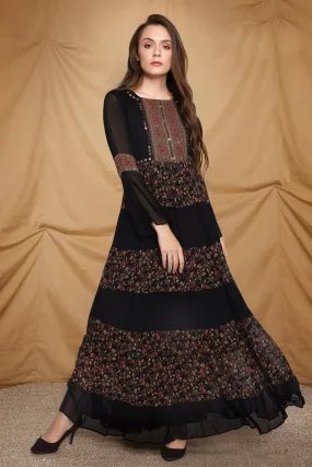 Black with Floral Print Anarkali Styled Long Kurti in Georgette