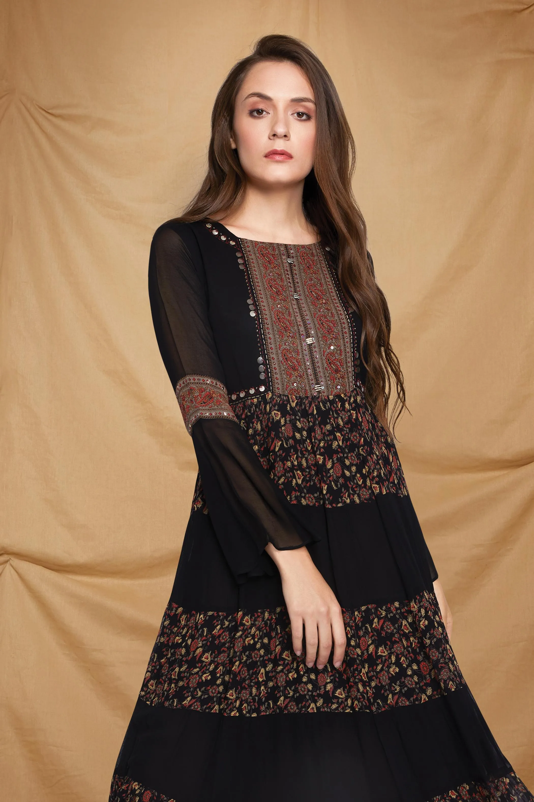 Black with Floral Print Anarkali Styled Long Kurti in Georgette