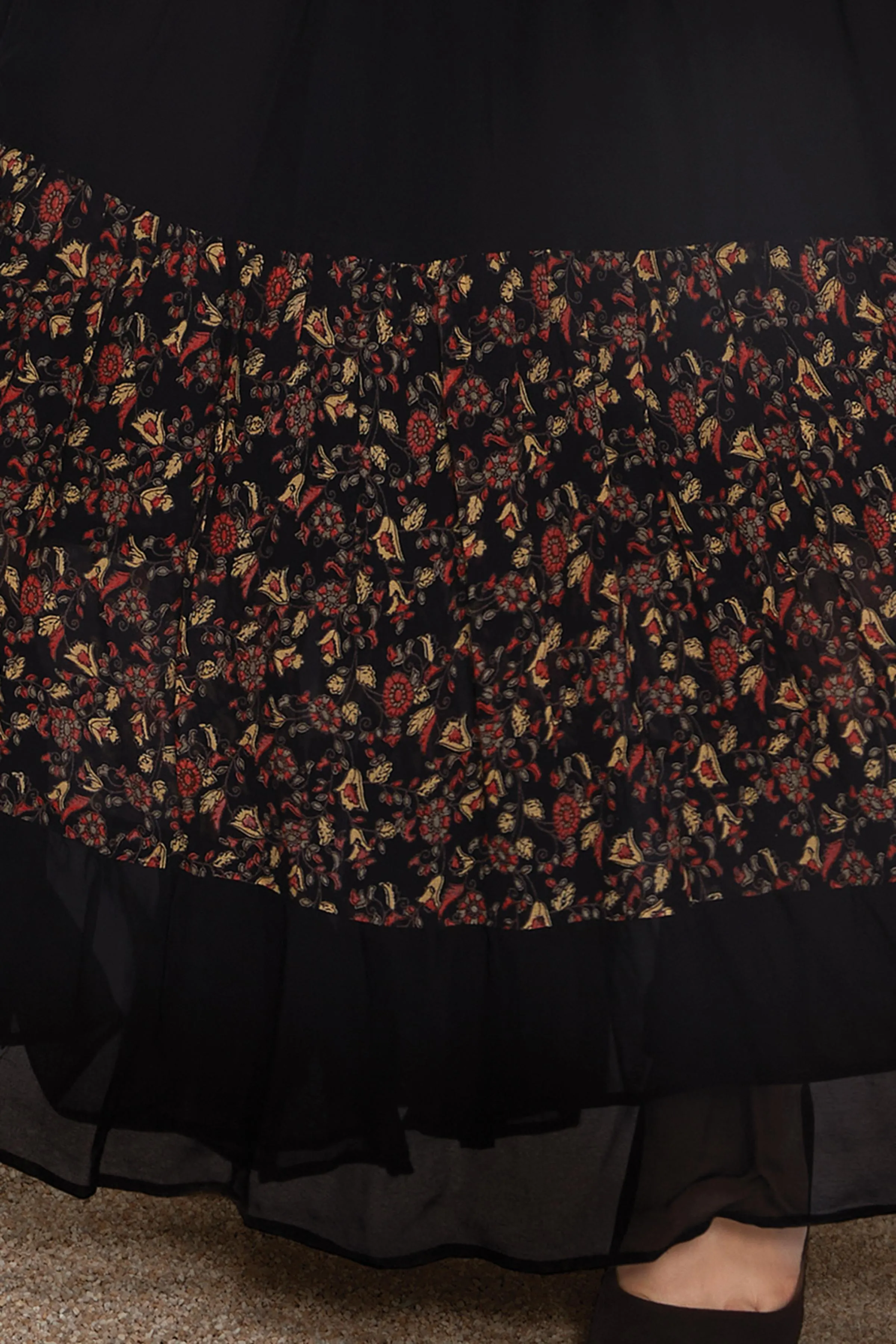 Black with Floral Print Anarkali Styled Long Kurti in Georgette