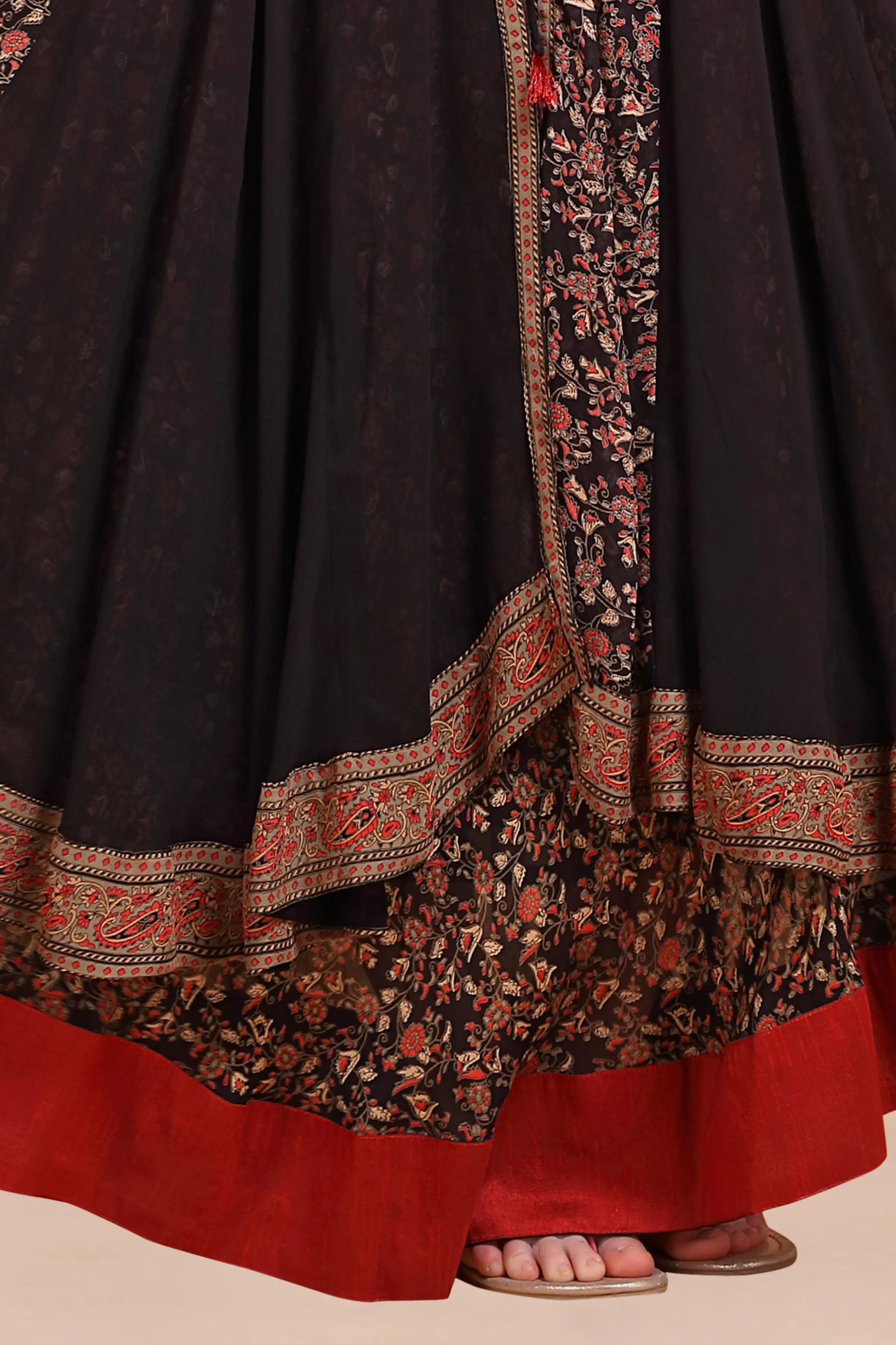 Black with Floral Print Overcoat Anarkali Styled Long Kurti