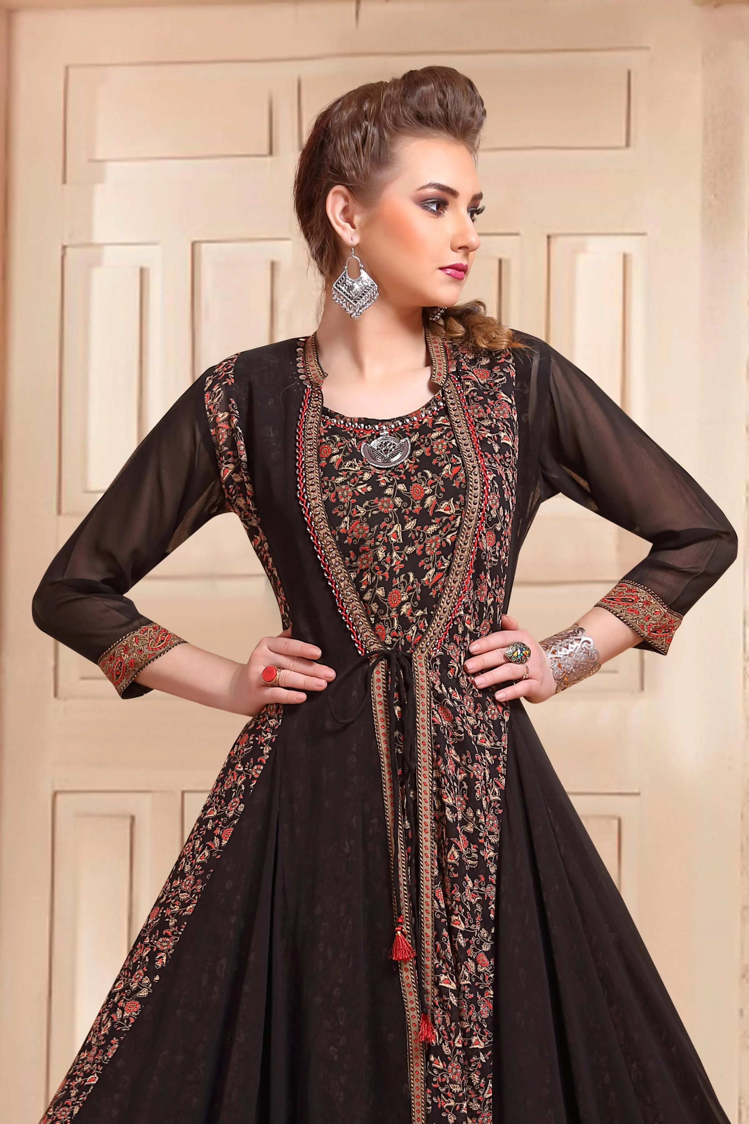 Black with Floral Print Overcoat Anarkali Styled Long Kurti