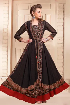 Black with Floral Print Overcoat Anarkali Styled Long Kurti