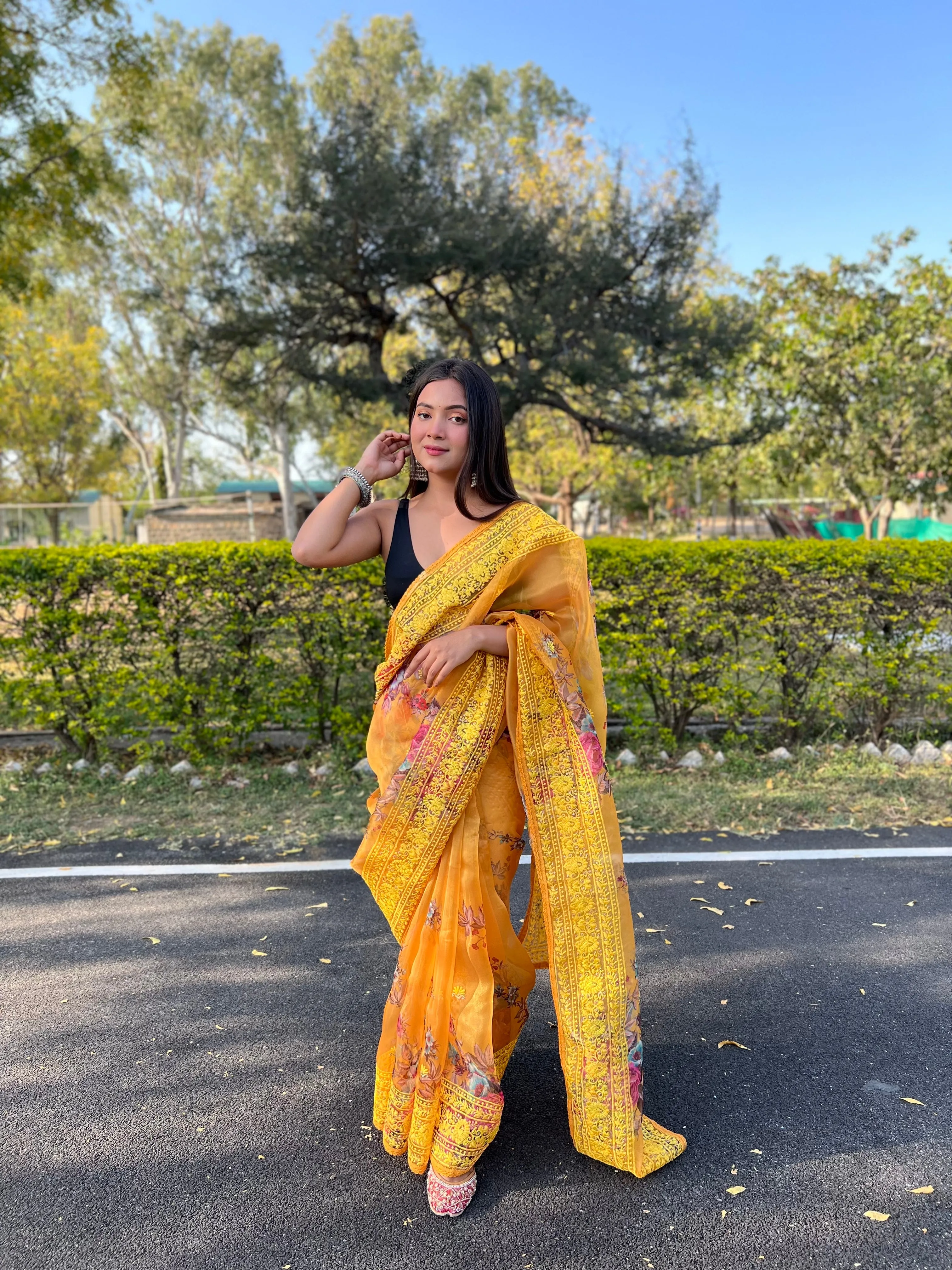 Boutique Style Saree In Mustard Yellow