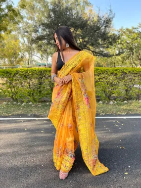 Boutique Style Saree In Mustard Yellow