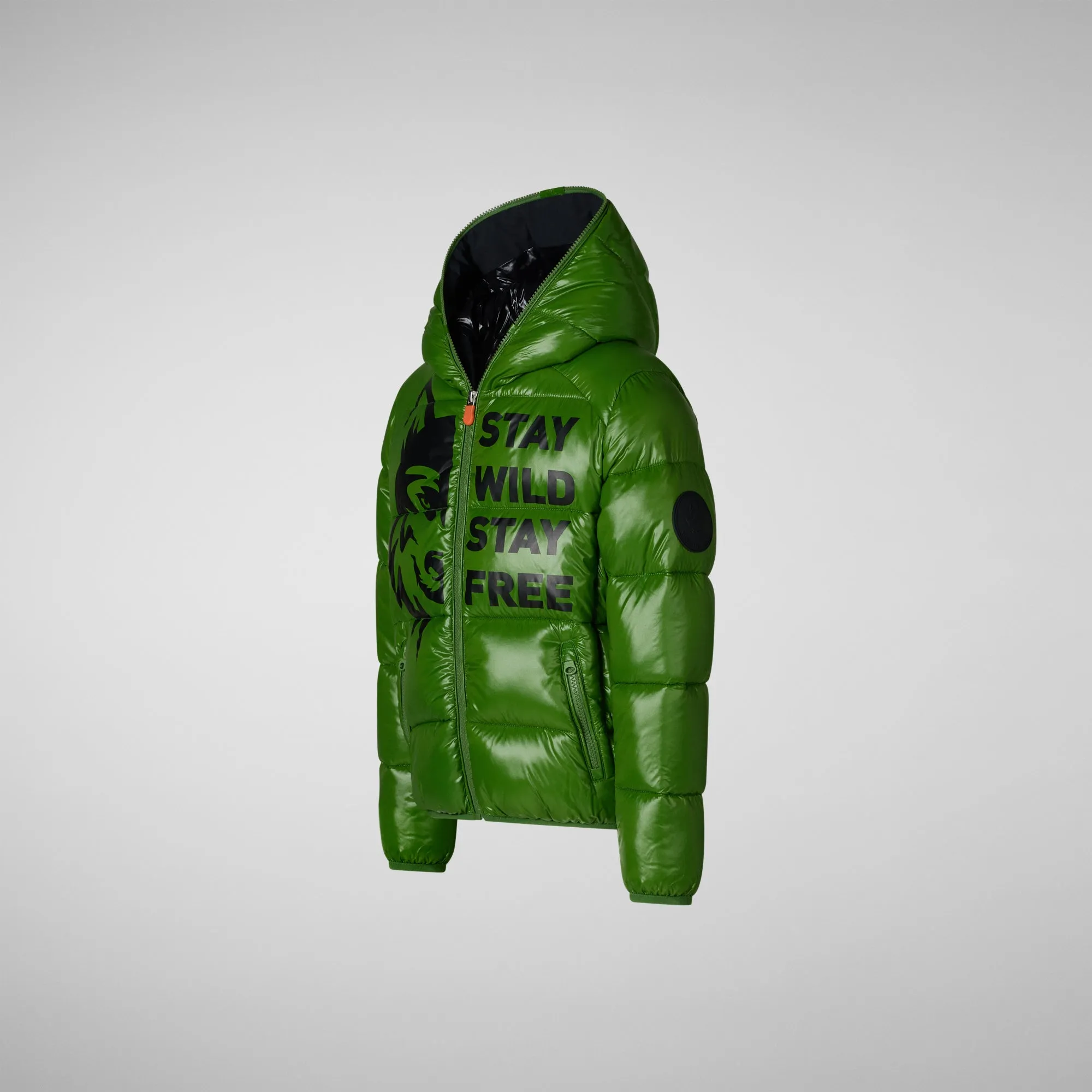 Boys' animal free puffer jacket Keegan in grass green wolf print