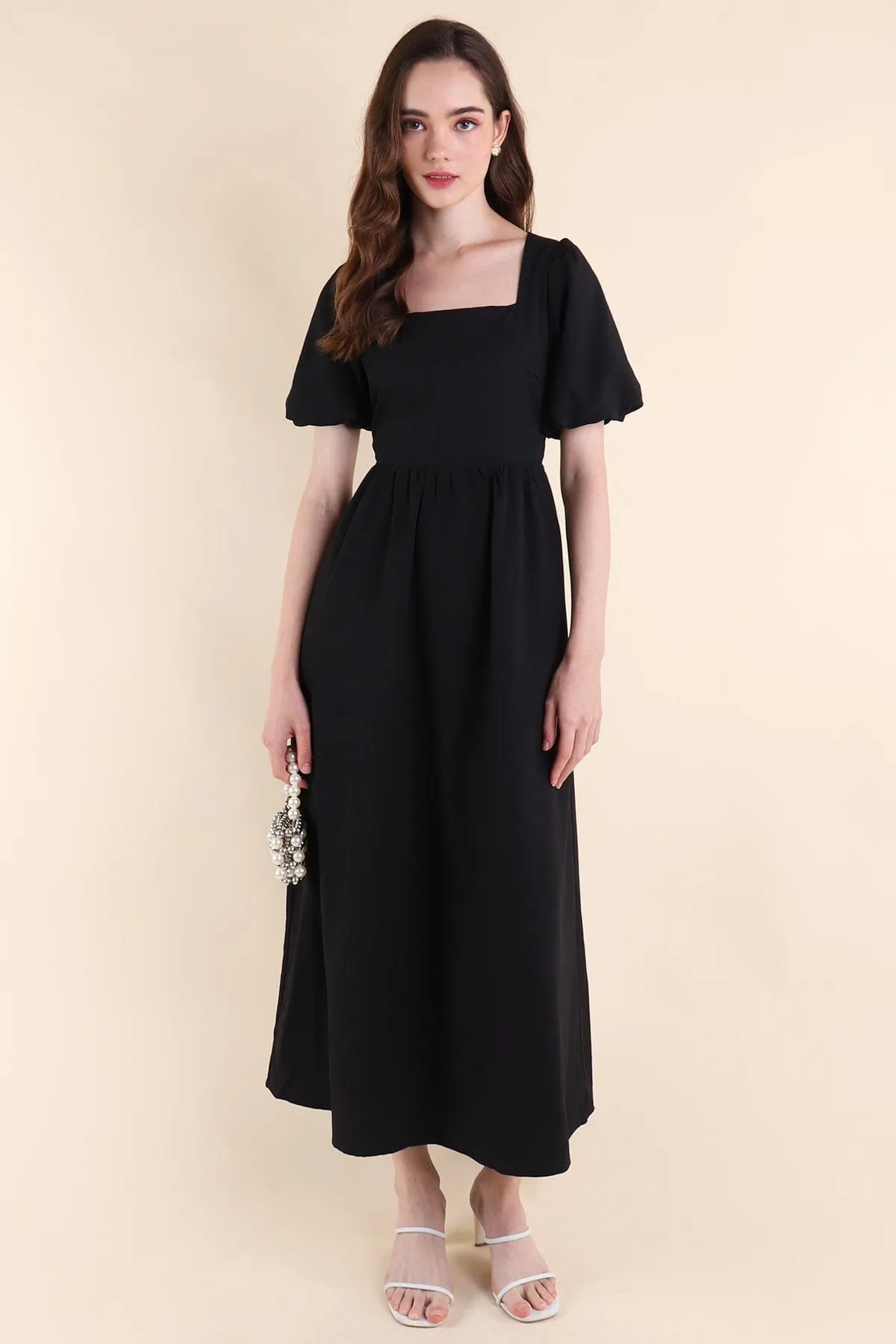 CASS PUFF-SLEEVE TIE-BACK MAXI DRESS IN BLACK