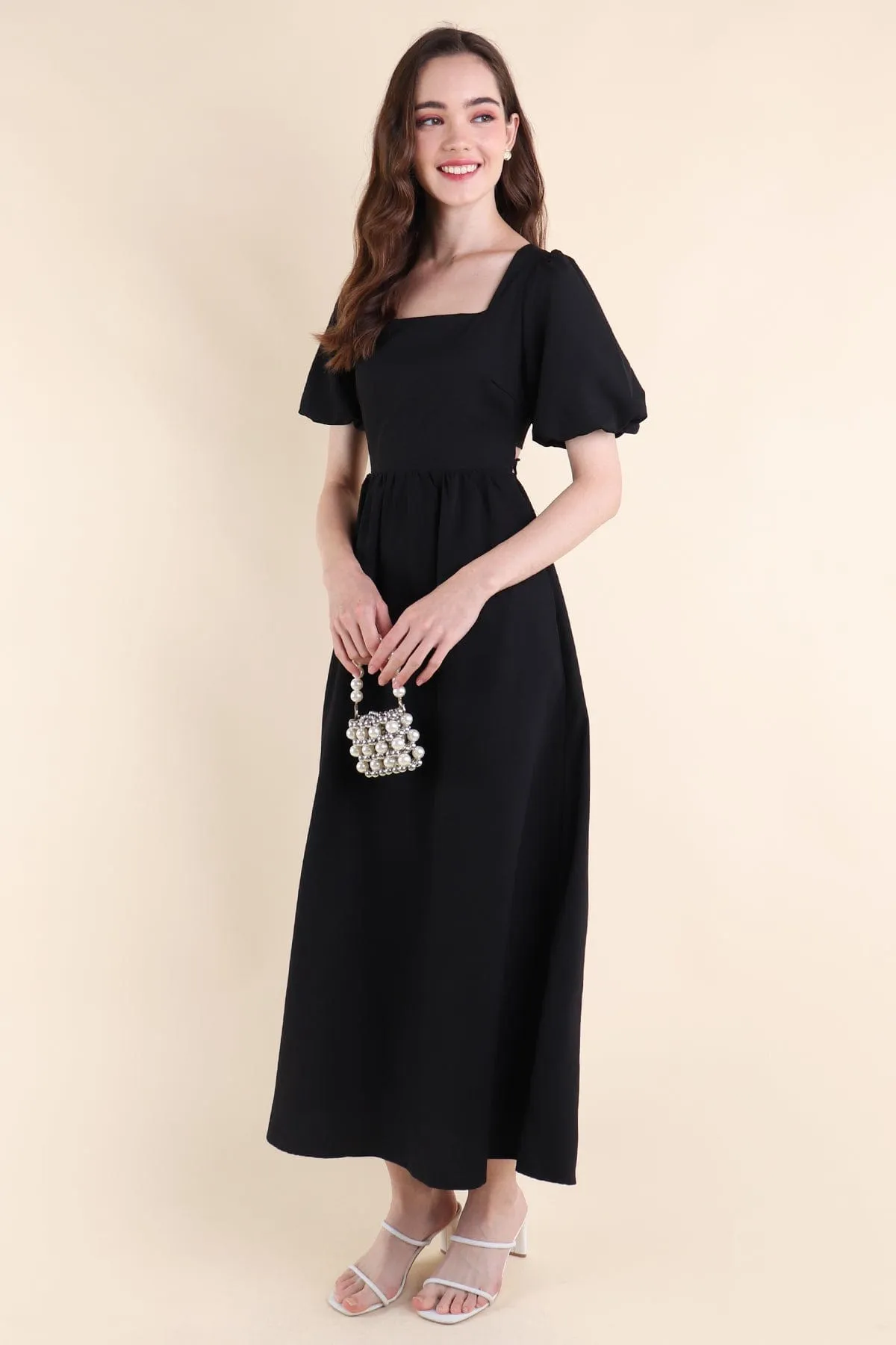 CASS PUFF-SLEEVE TIE-BACK MAXI DRESS IN BLACK