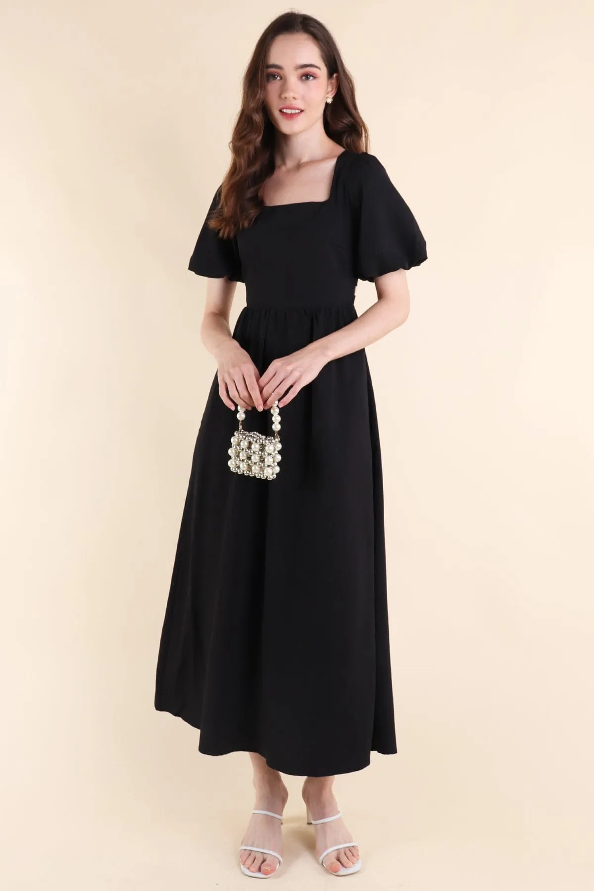 CASS PUFF-SLEEVE TIE-BACK MAXI DRESS IN BLACK