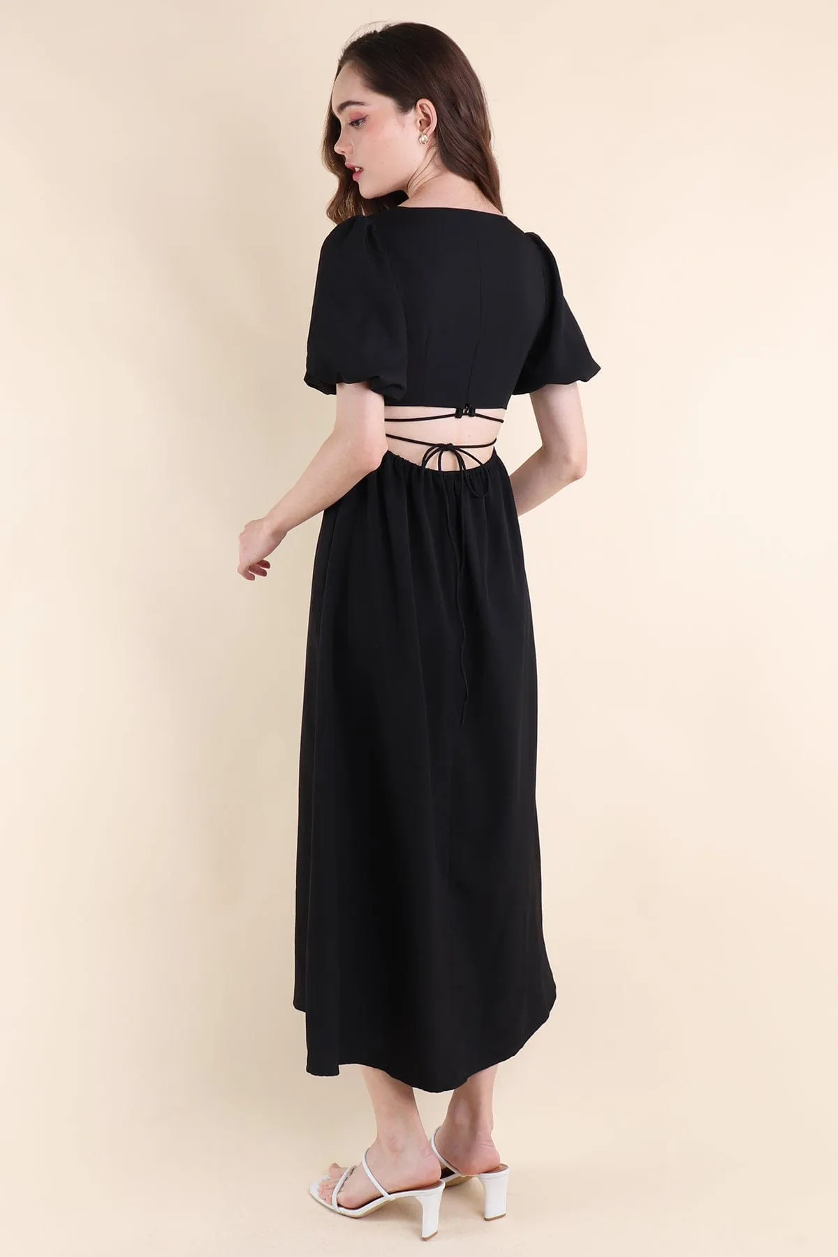 CASS PUFF-SLEEVE TIE-BACK MAXI DRESS IN BLACK