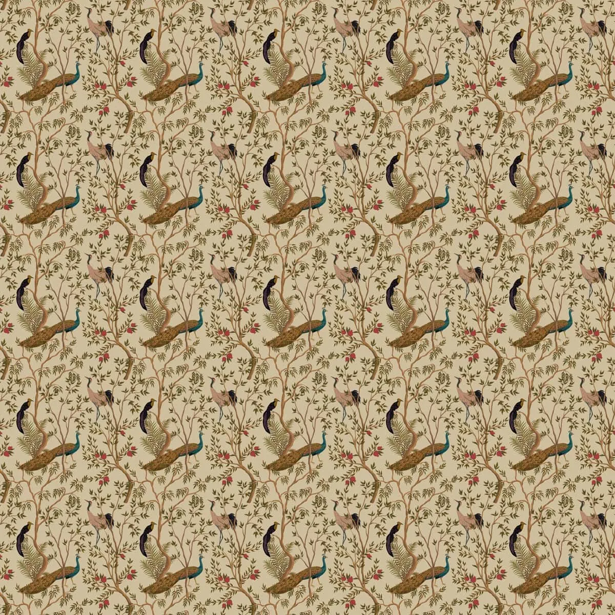 Chinoiserie Theme Wallpaper with Peacock, Khaki