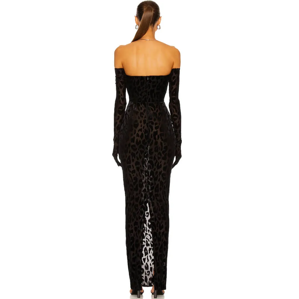 Classy Gloved Flocked Leopard Strapless Maxi Evening Dress - Black
