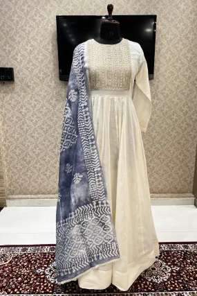 Cream Sequins and Zari work Anarkali Long Kurti with Kalamkari Printed Dupatta