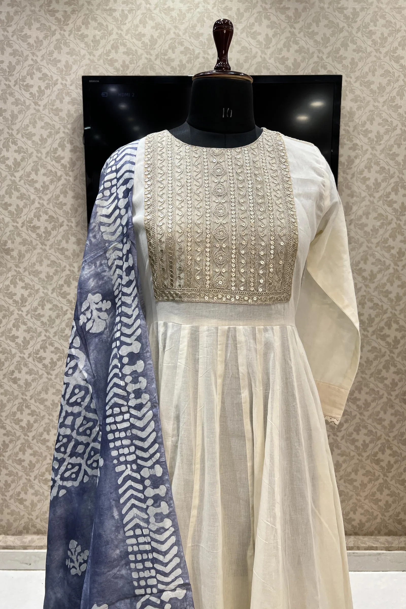 Cream Sequins and Zari work Anarkali Long Kurti with Kalamkari Printed Dupatta