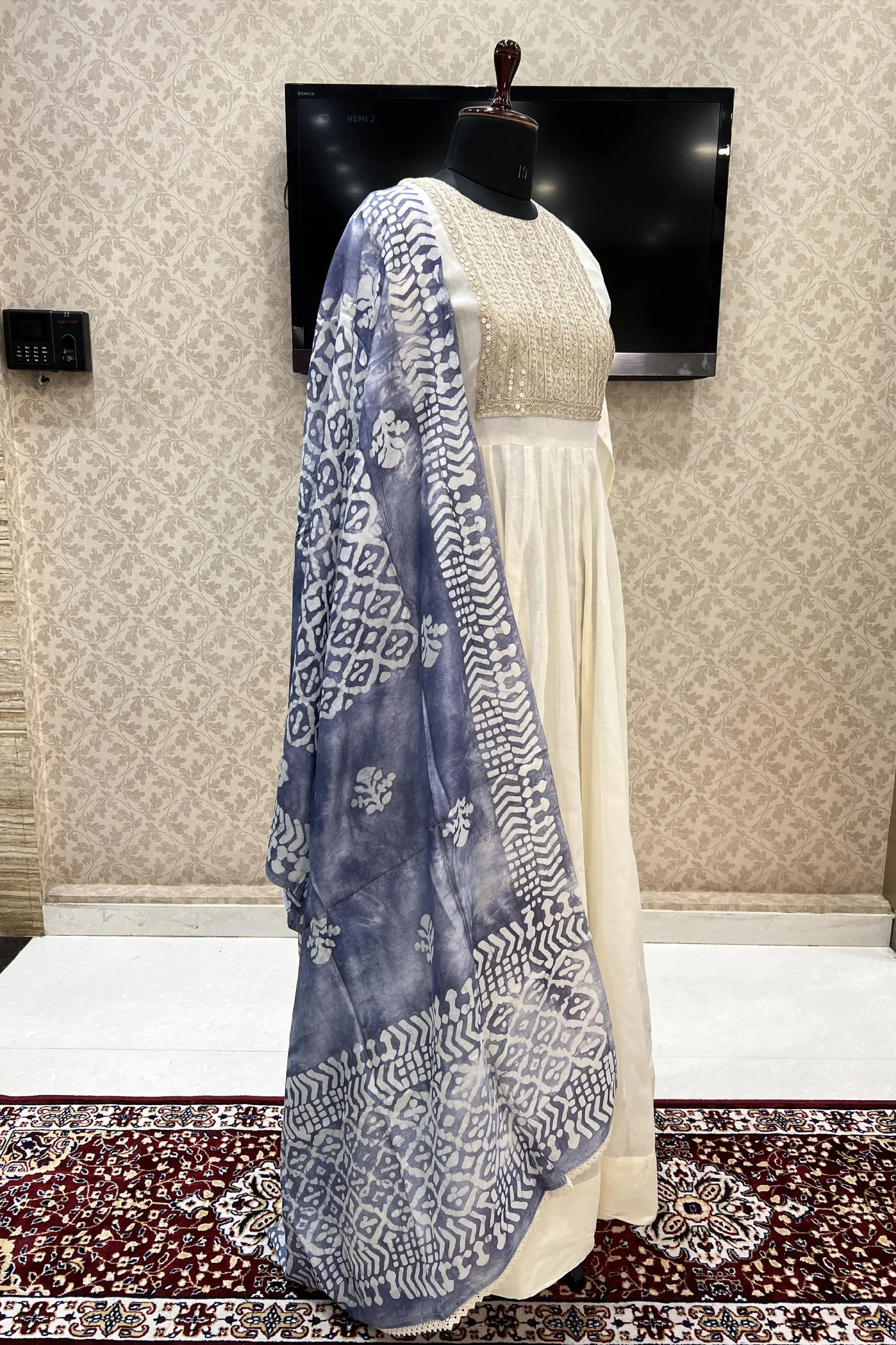 Cream Sequins and Zari work Anarkali Long Kurti with Kalamkari Printed Dupatta