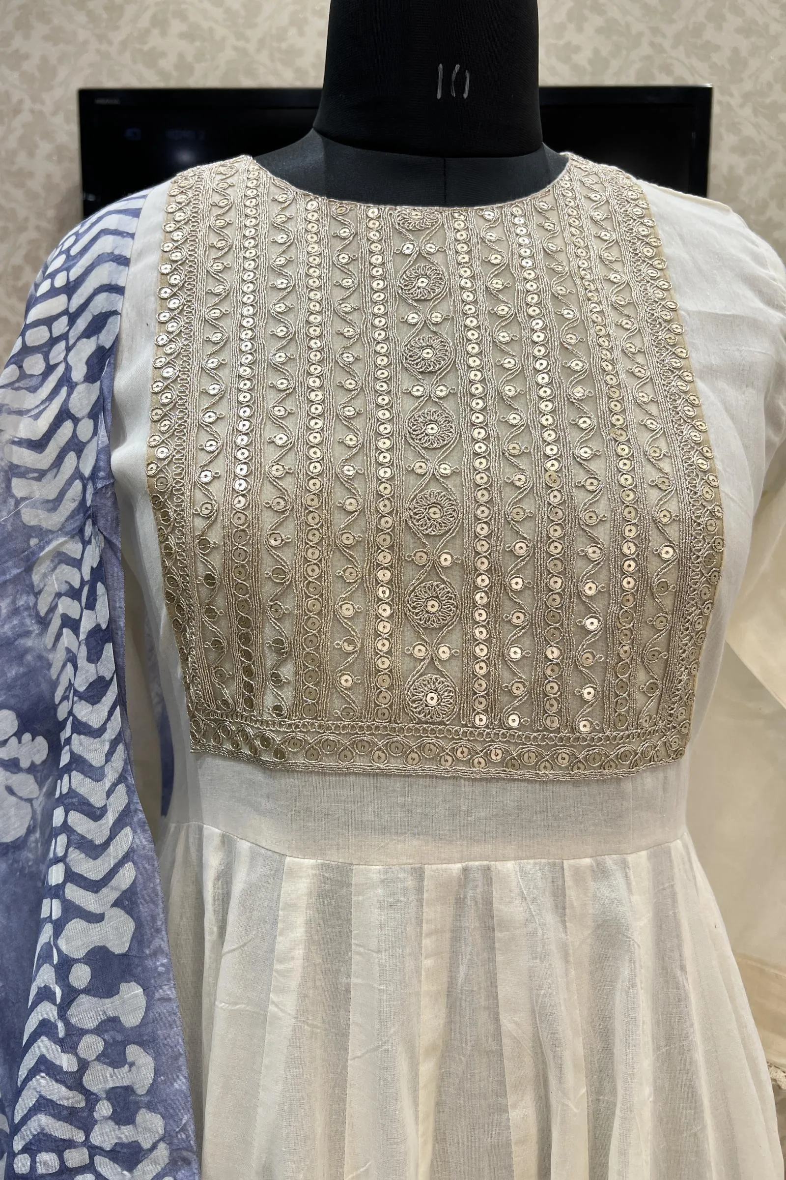 Cream Sequins and Zari work Anarkali Long Kurti with Kalamkari Printed Dupatta