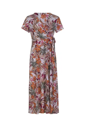 Crossover V neck Dress | Orange White Foil Palm | 7423AR