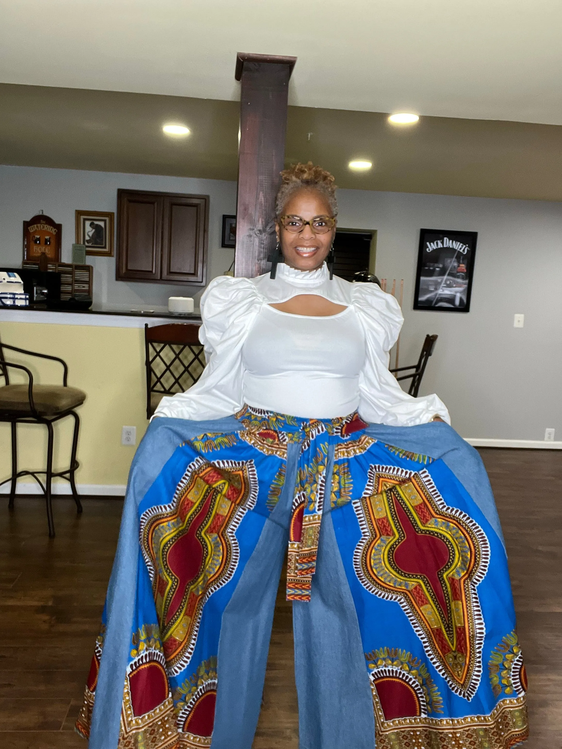 Denim & African Print Palazzo Pants