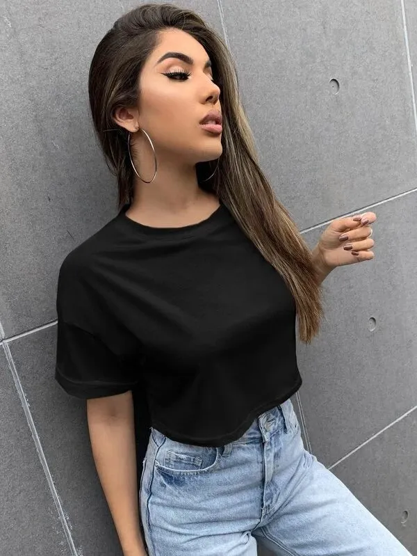 DROP SHOULDER OVERSIZED SOLID TEE-BLACK