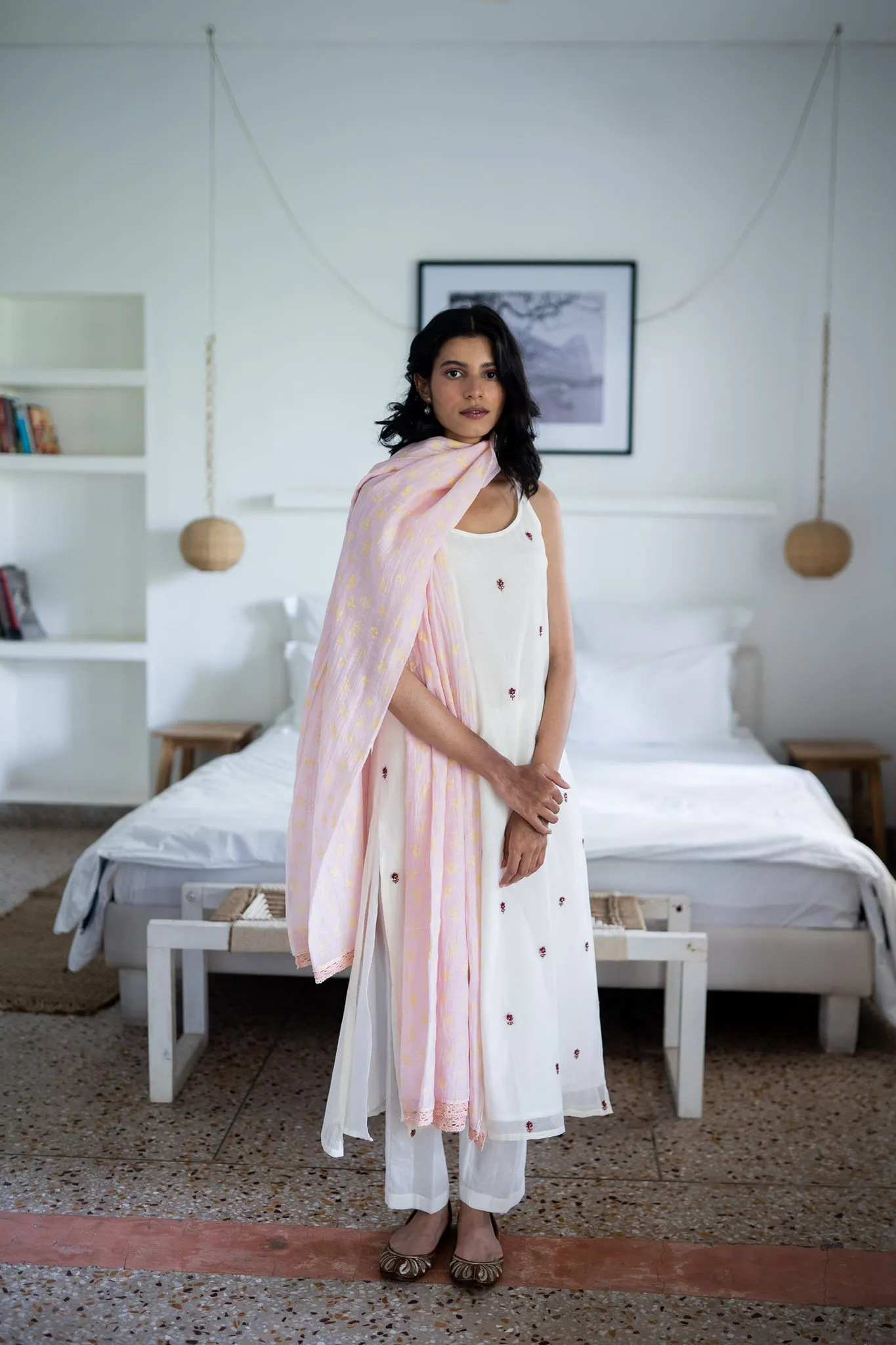 FEATURING BLUSH AND IVORY HANDWOVEN CHANDERI SET
