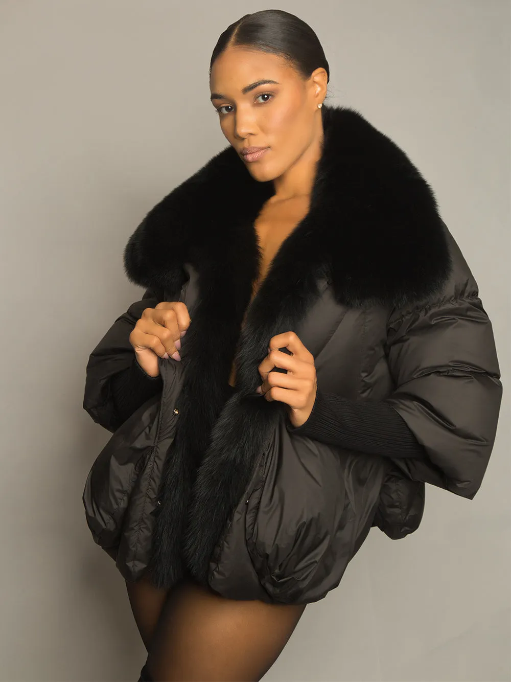 Fur Trim Puffer Jacket in Black