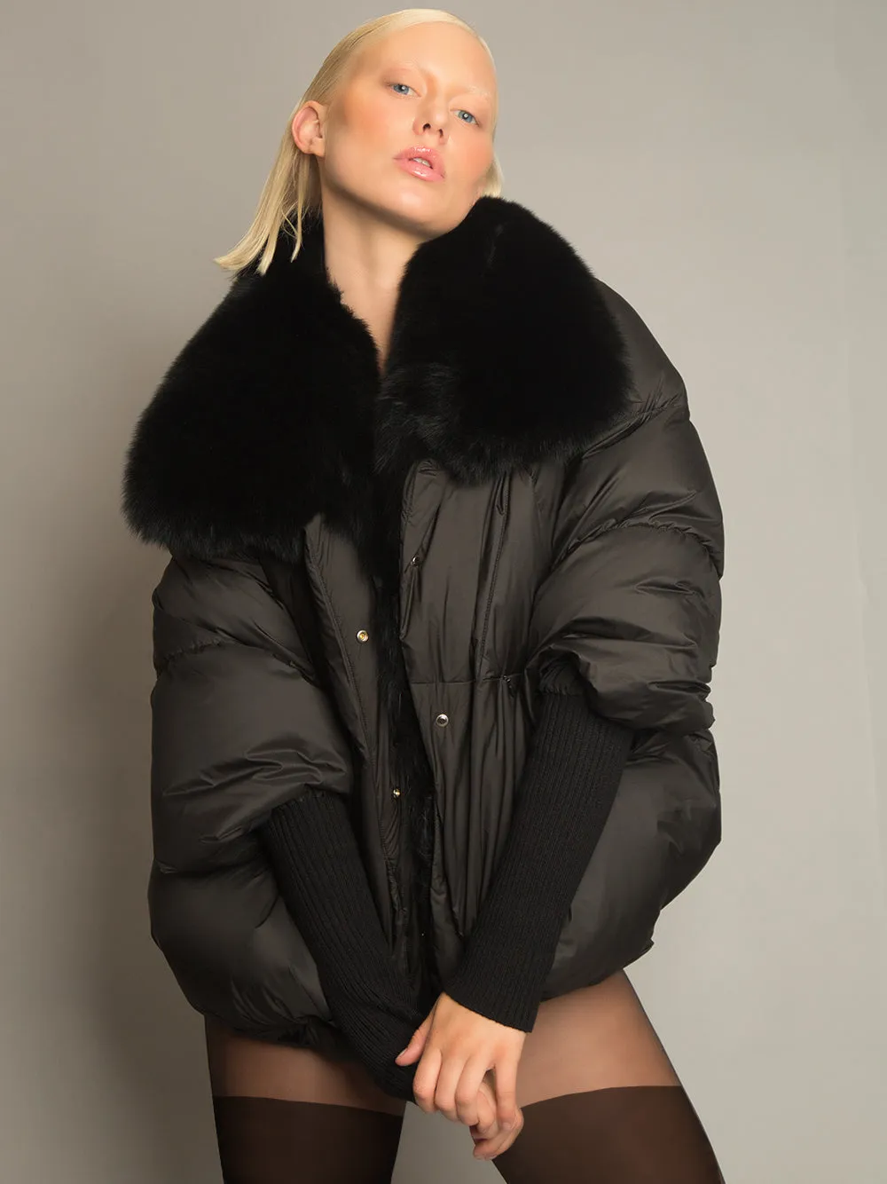 Fur Trim Puffer Jacket in Black