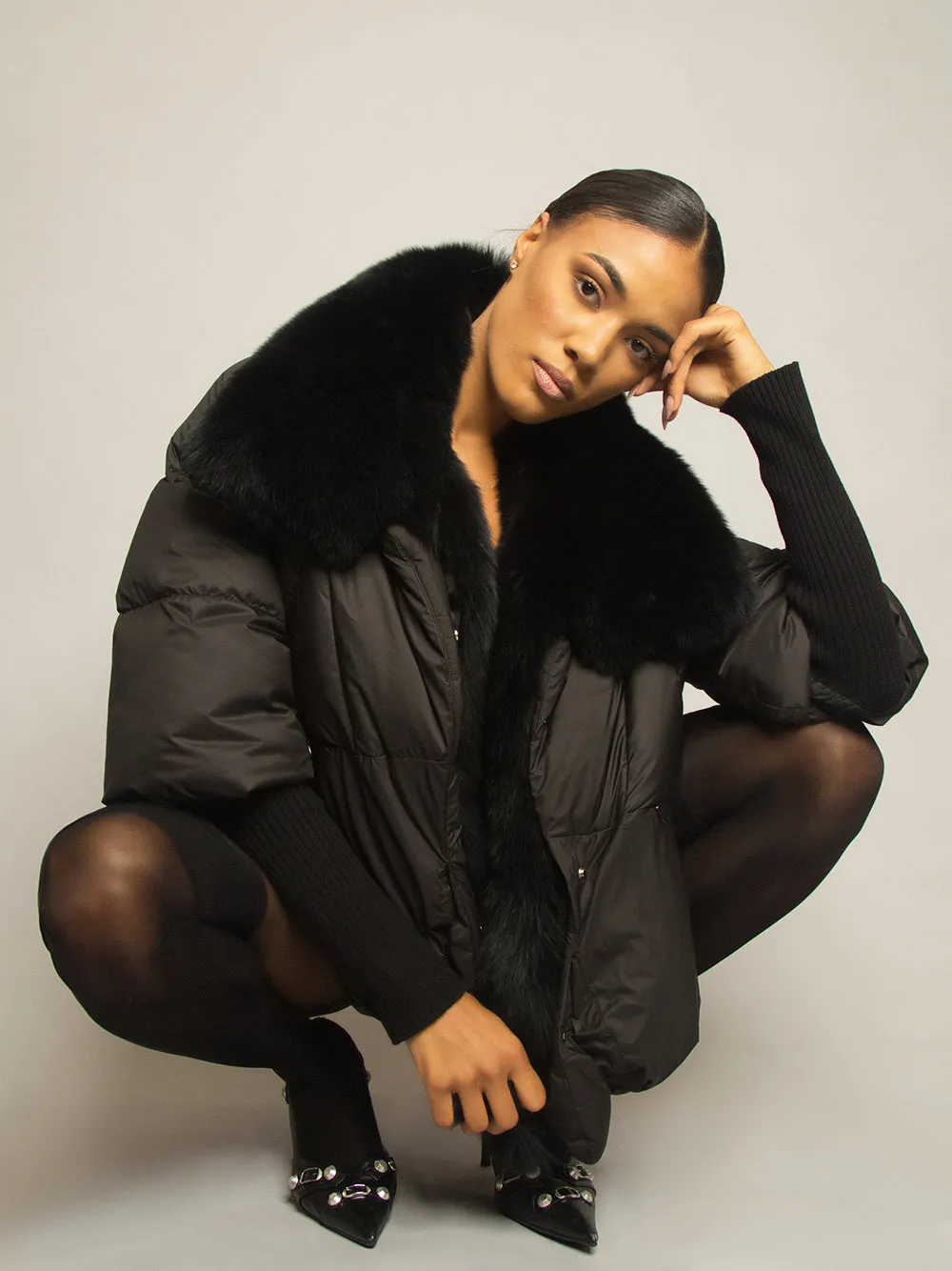 Fur Trim Puffer Jacket in Black