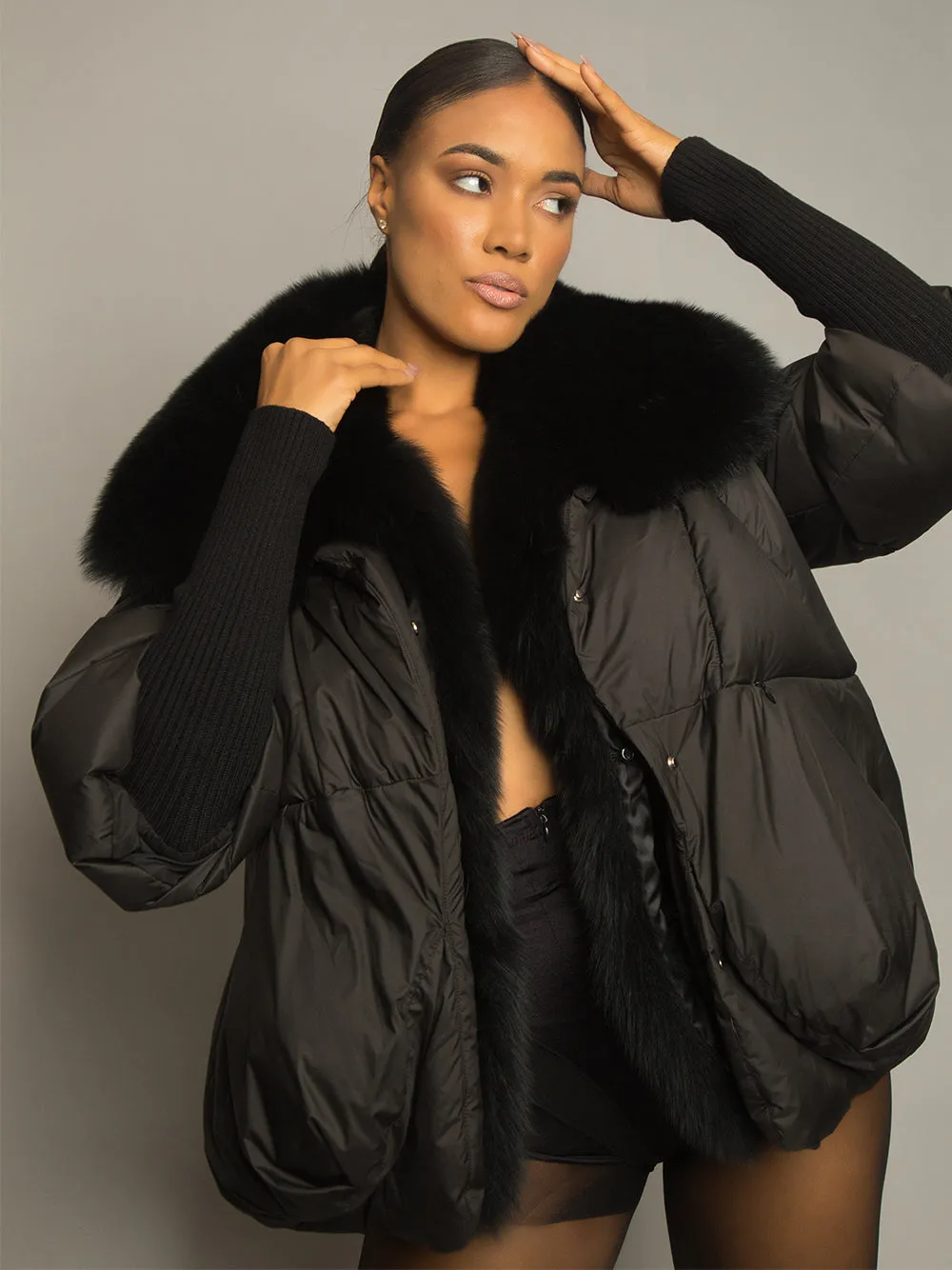 Fur Trim Puffer Jacket in Black
