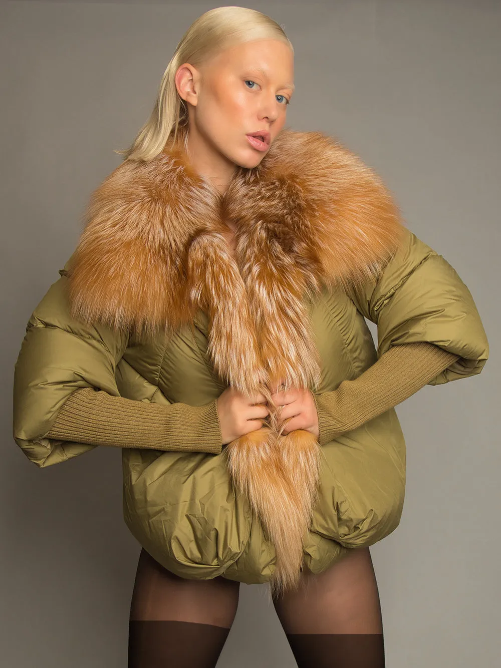 Fur Trim Puffer Jacket in Khaki & Brown