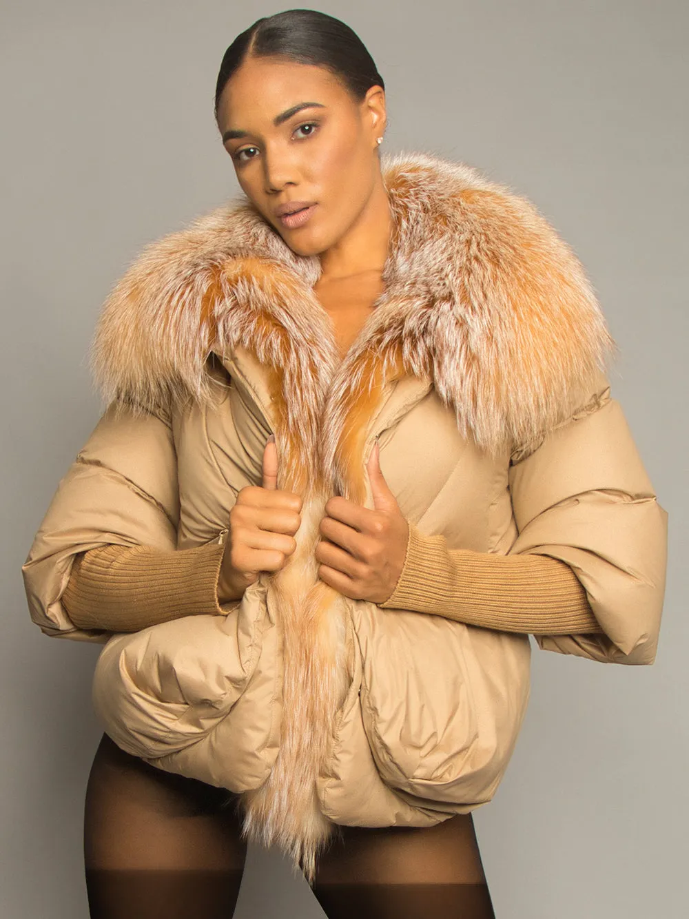 Fur Trim Puffer Jacket in Tan