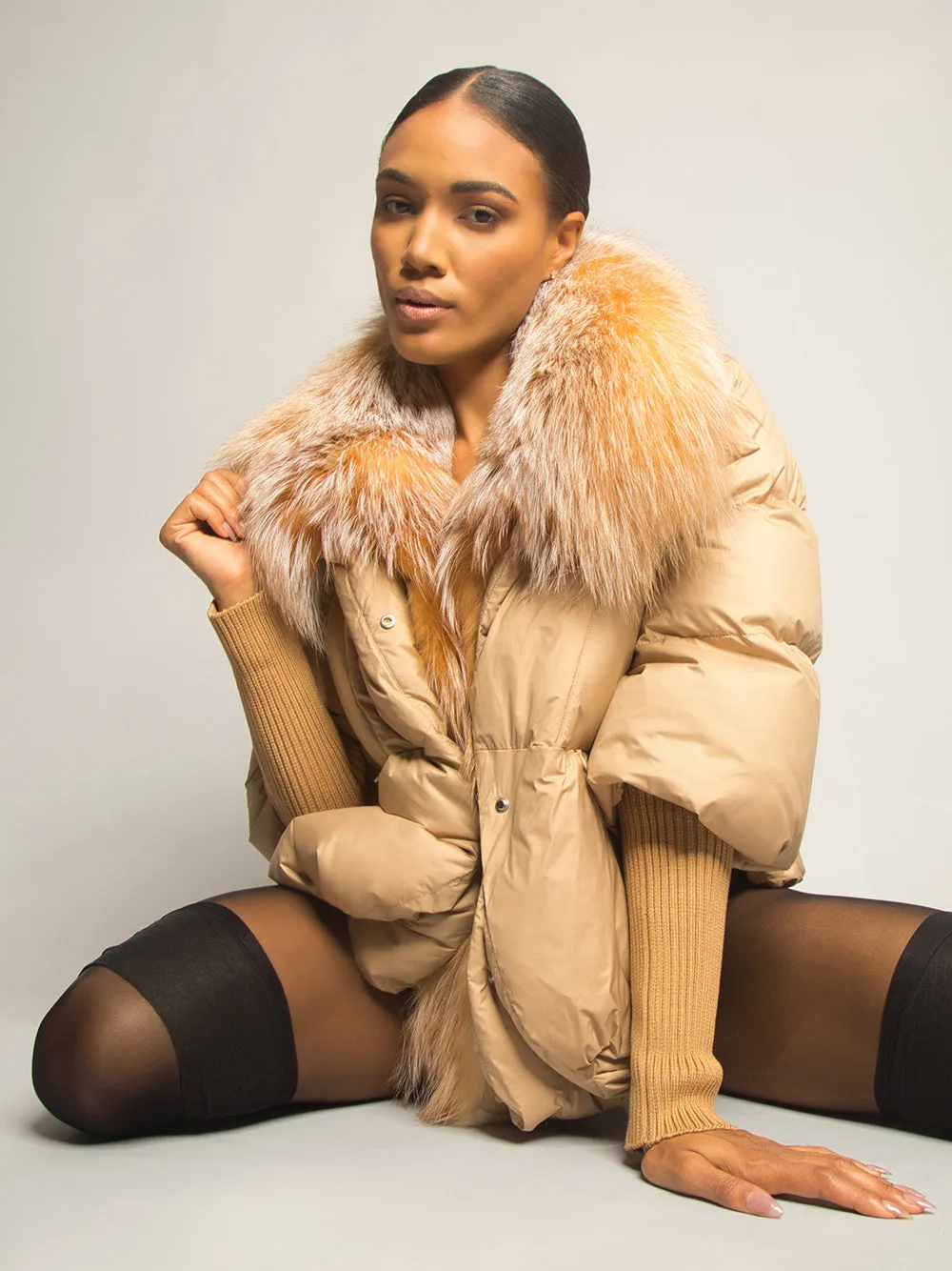 Fur Trim Puffer Jacket in Tan