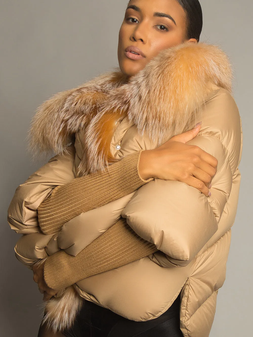 Fur Trim Puffer Jacket in Tan