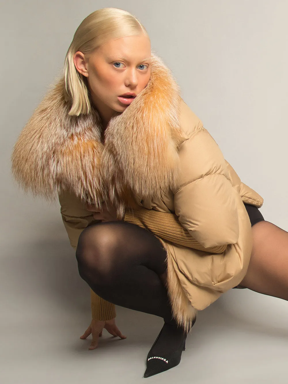 Fur Trim Puffer Jacket in Tan