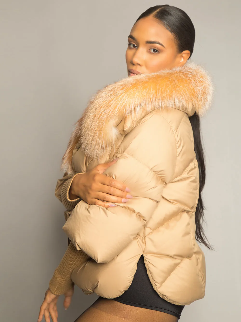 Fur Trim Puffer Jacket in Tan