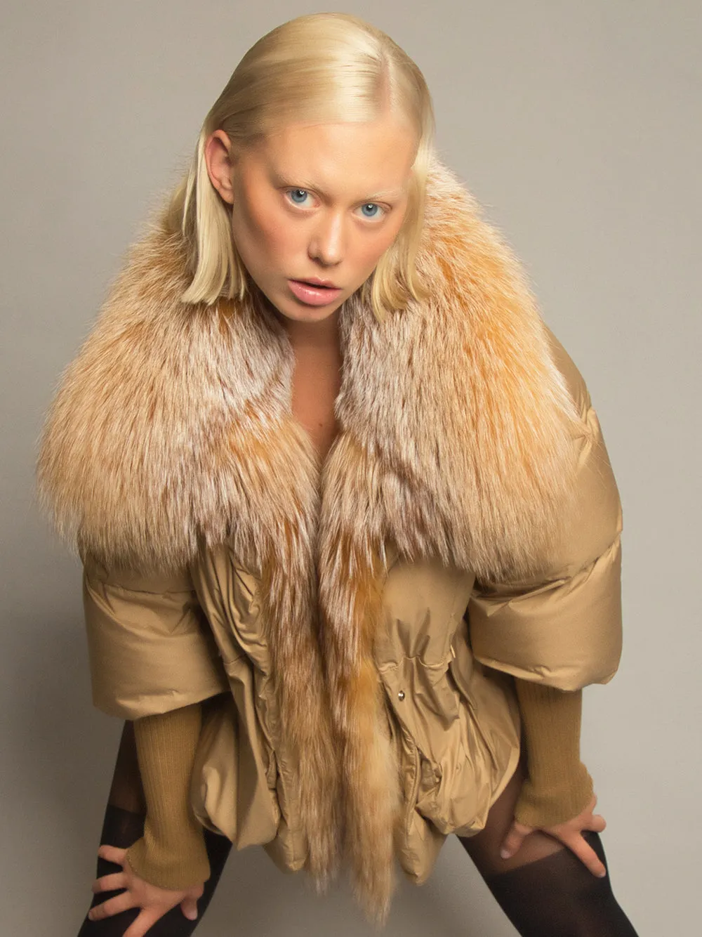 Fur Trim Puffer Jacket in Tan